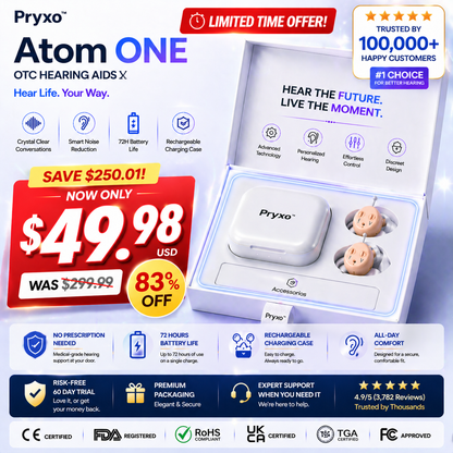 Pryxo™ Atom ONE OTC Hearing Aid — Up to 85% OFF + Hear Every Word Clearly Again 👂✨